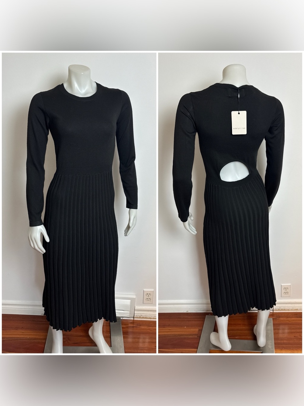 NWT Adelyn Rae - Black Sweater Dress with pleated Skirt & back cutout.